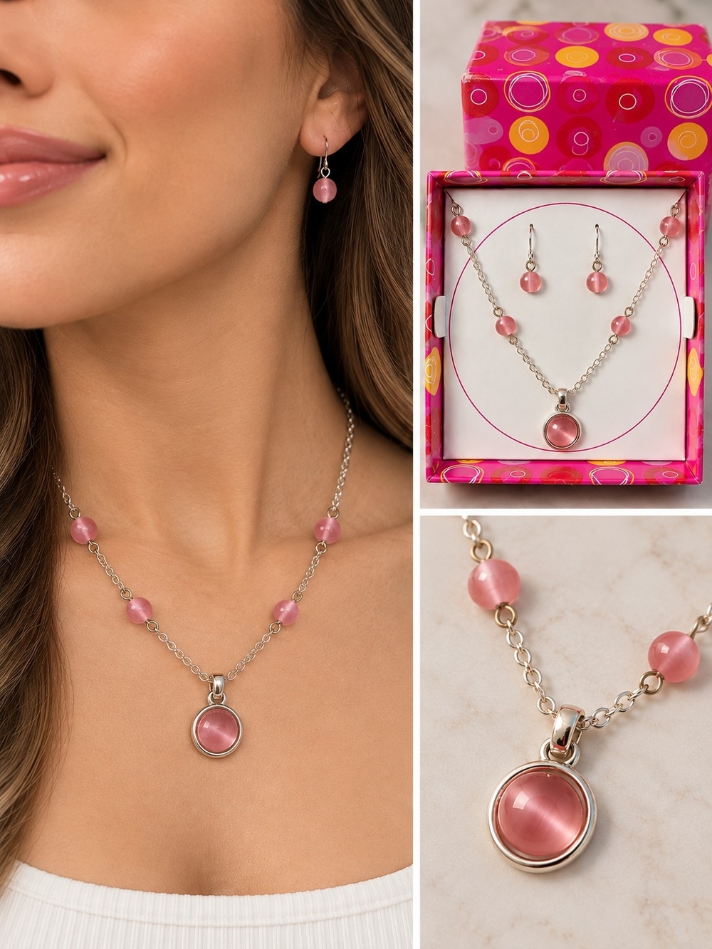 SET: Pink Cat’s Eye Pendant Necklace & Earrings